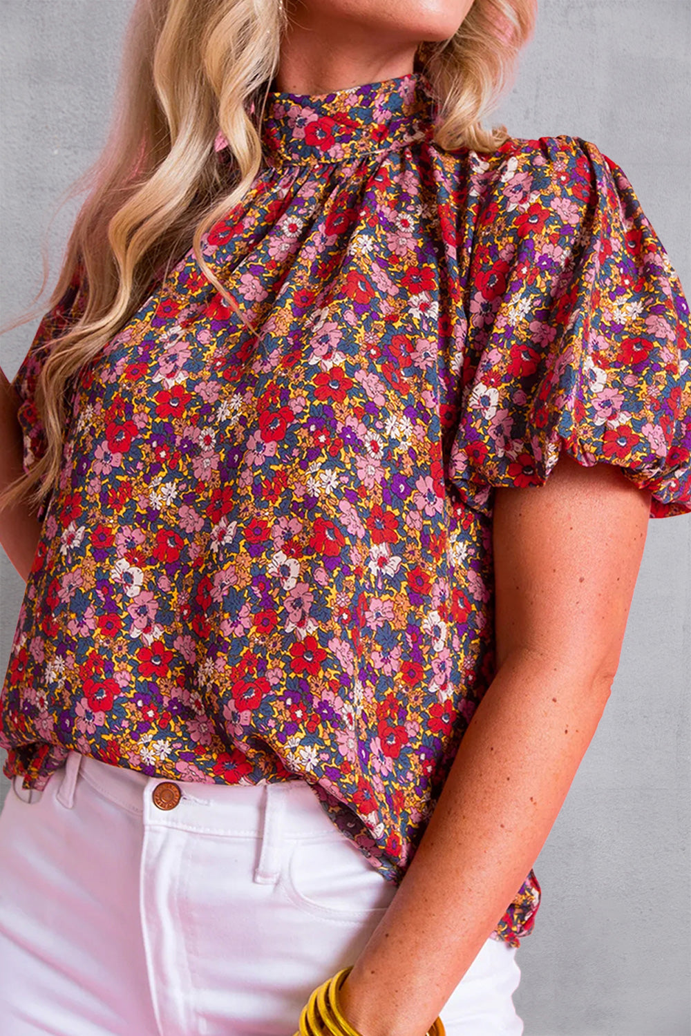 Printed Mock Neck Short Sleeve Blouse.