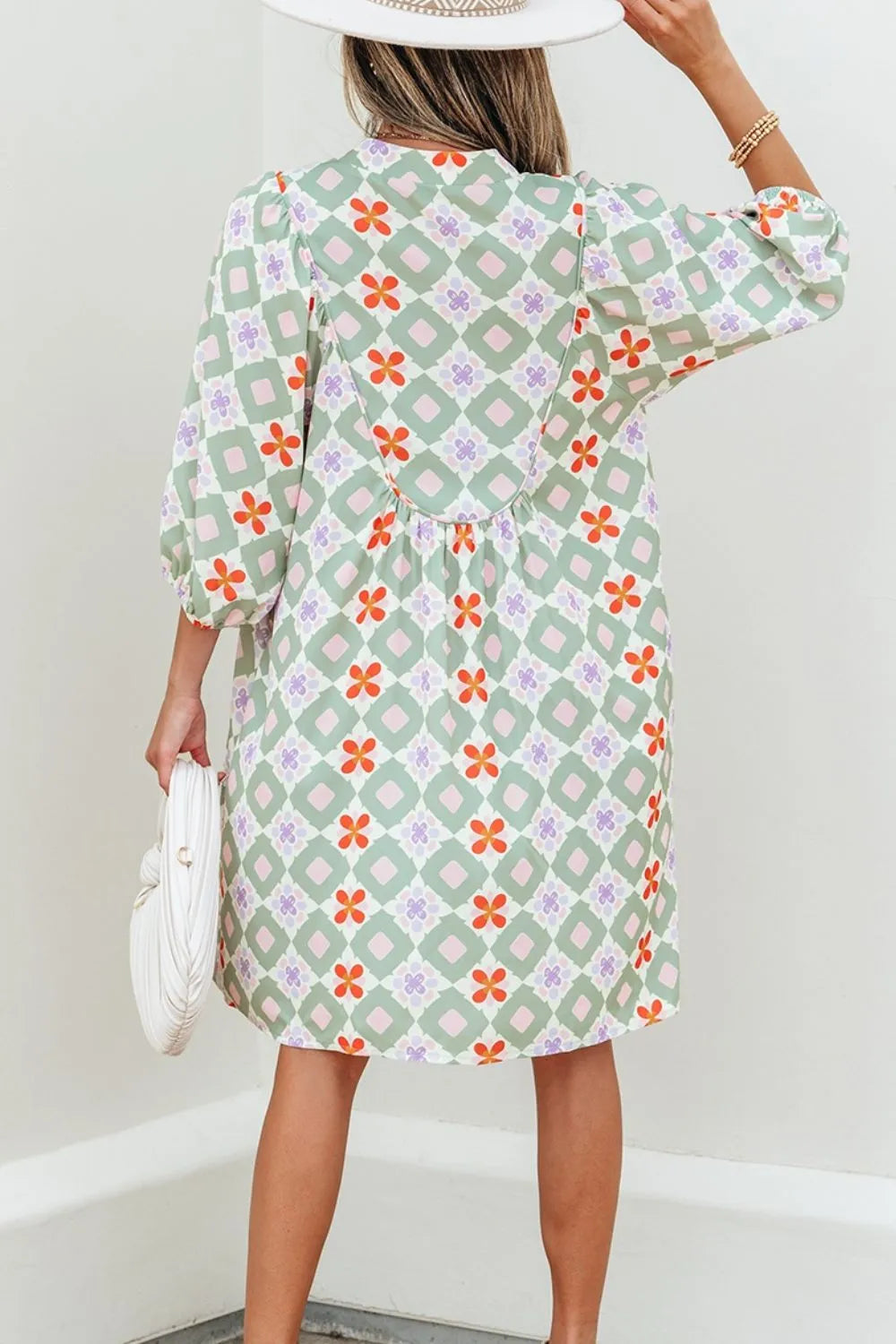 Printed Notched 3/4 Balloon Sleeves Loose Dress.