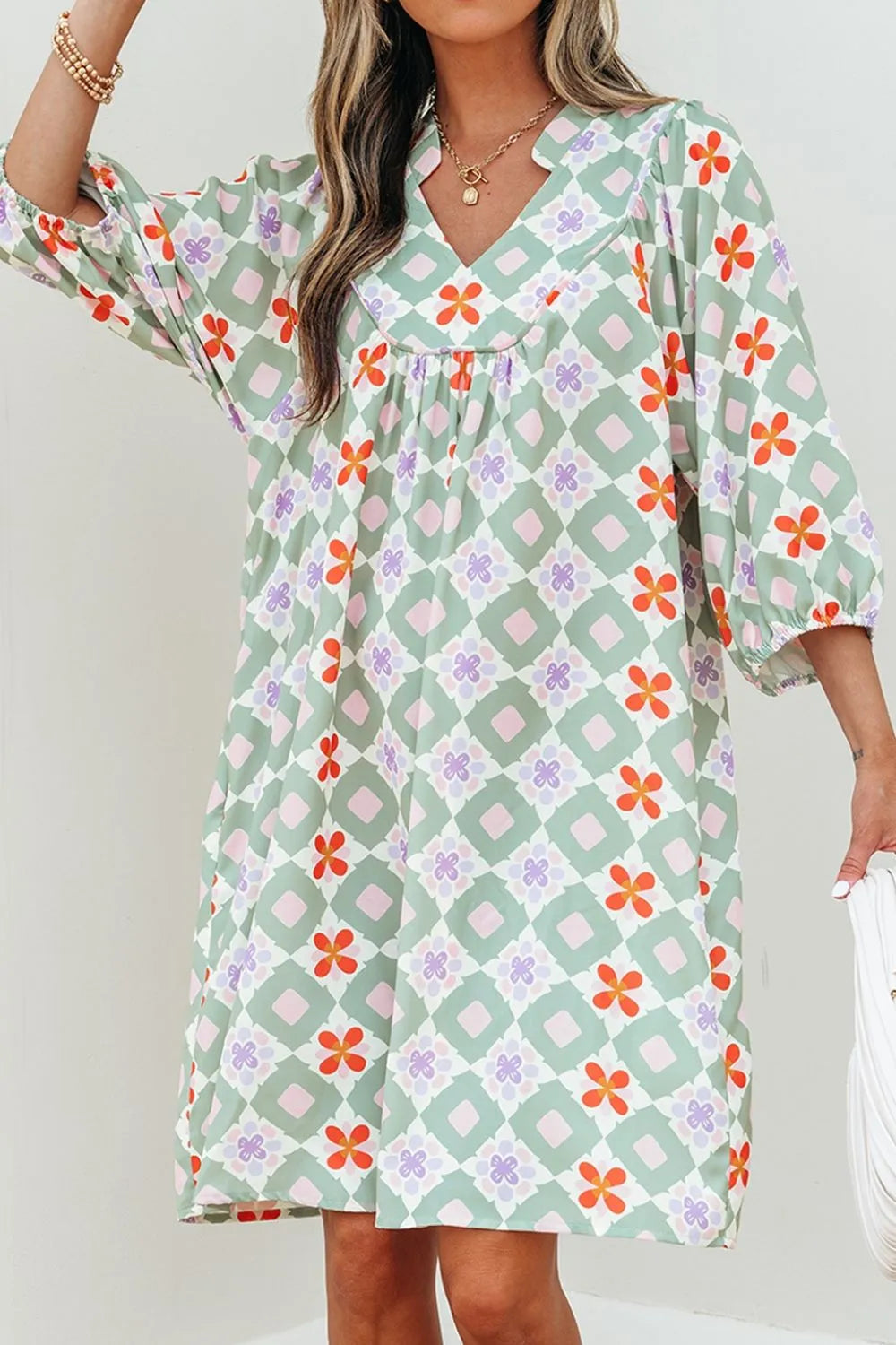 Printed Notched 3/4 Balloon Sleeves Loose Dress.
