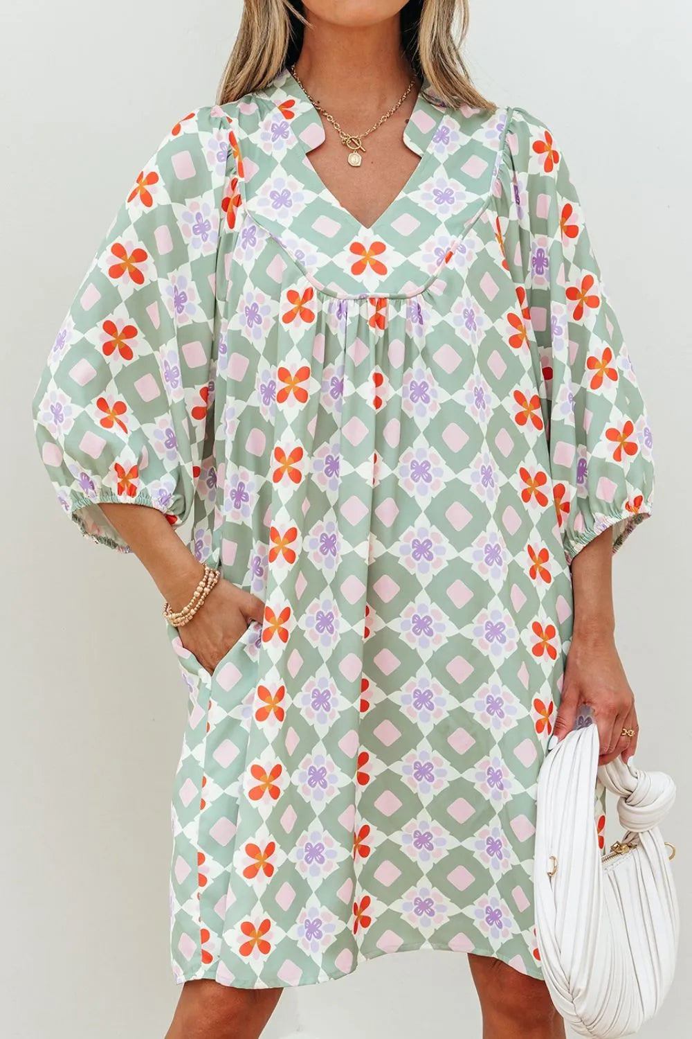 Printed Notched 3/4 Balloon Sleeves Loose Dress.
