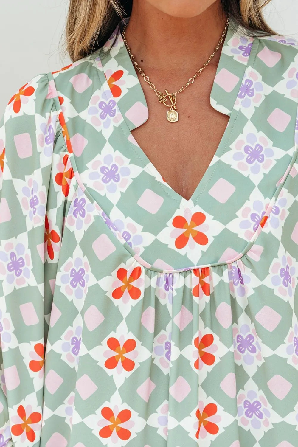Printed Notched 3/4 Balloon Sleeves Loose Dress.