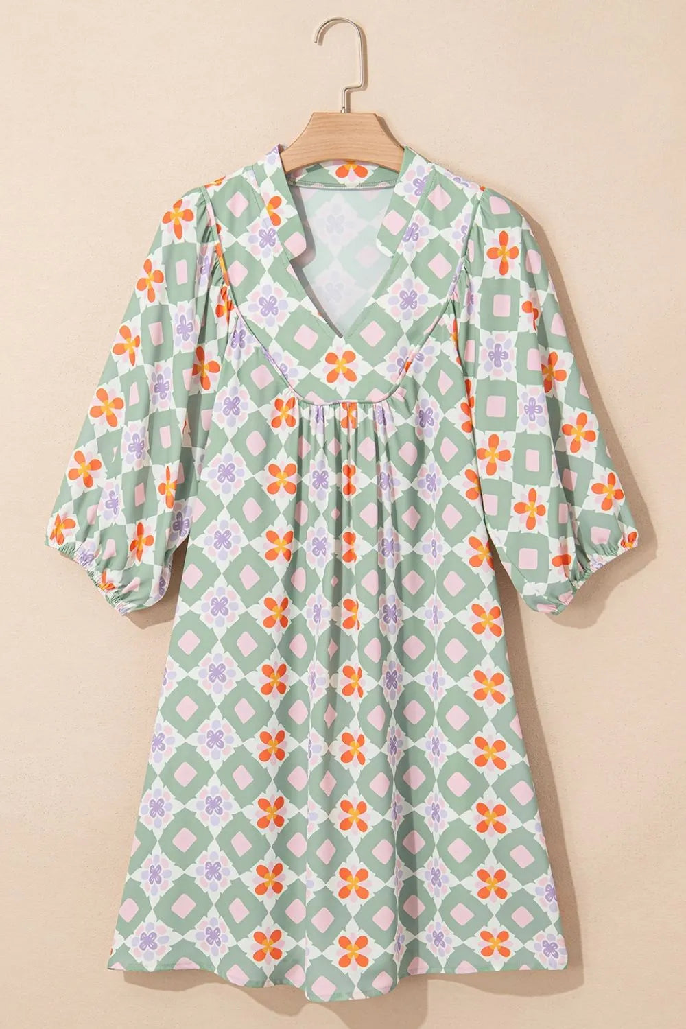 Printed Notched 3/4 Balloon Sleeves Loose Dress.