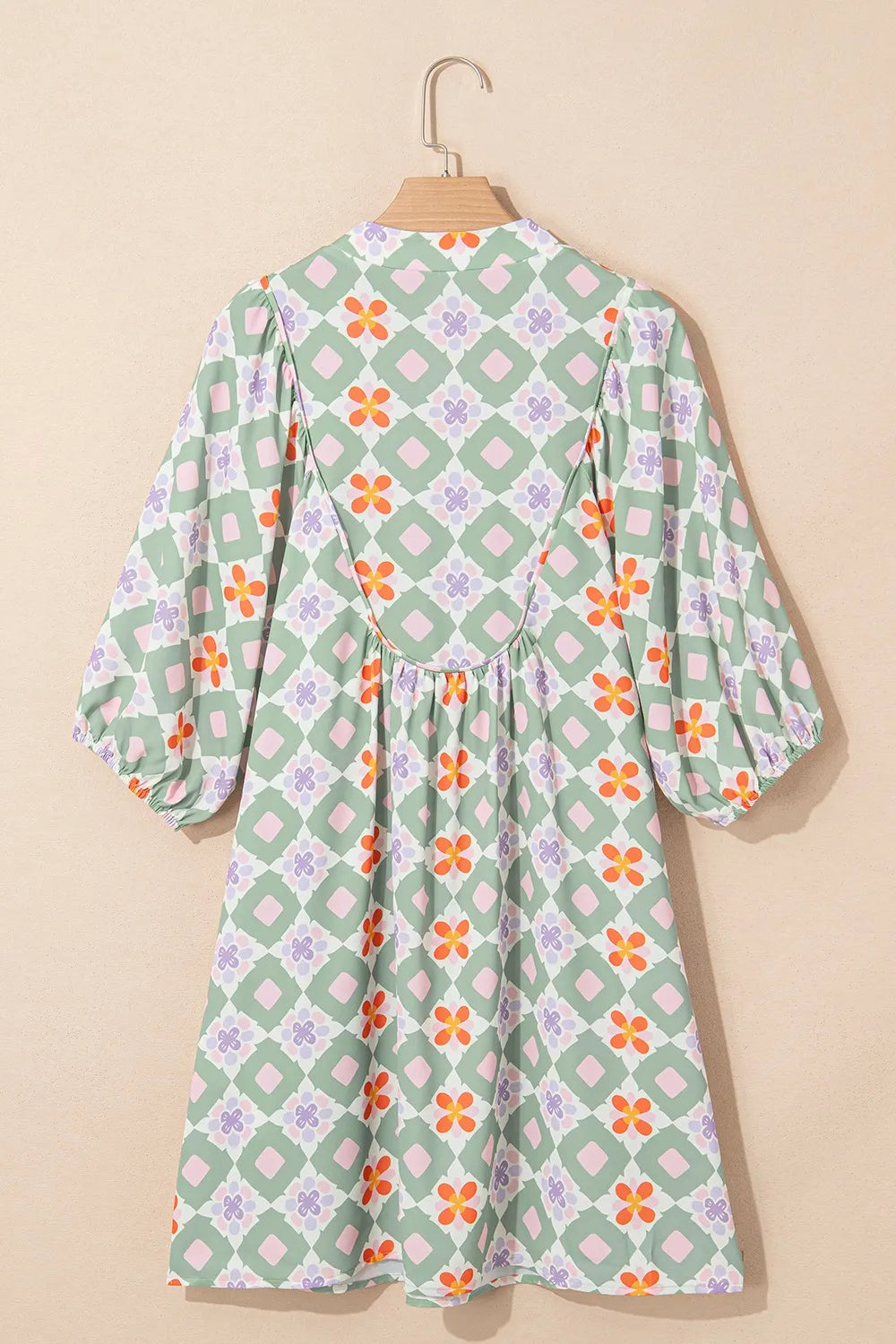 Printed Notched 3/4 Balloon Sleeves Loose Dress.