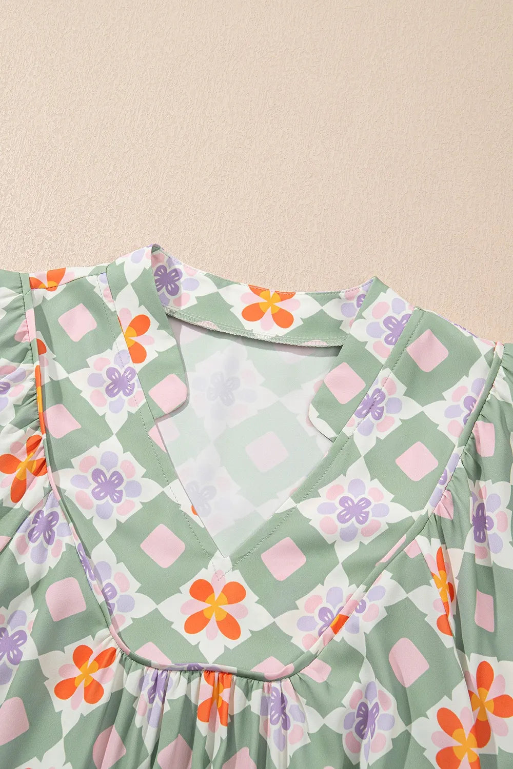 Printed Notched 3/4 Balloon Sleeves Loose Dress.