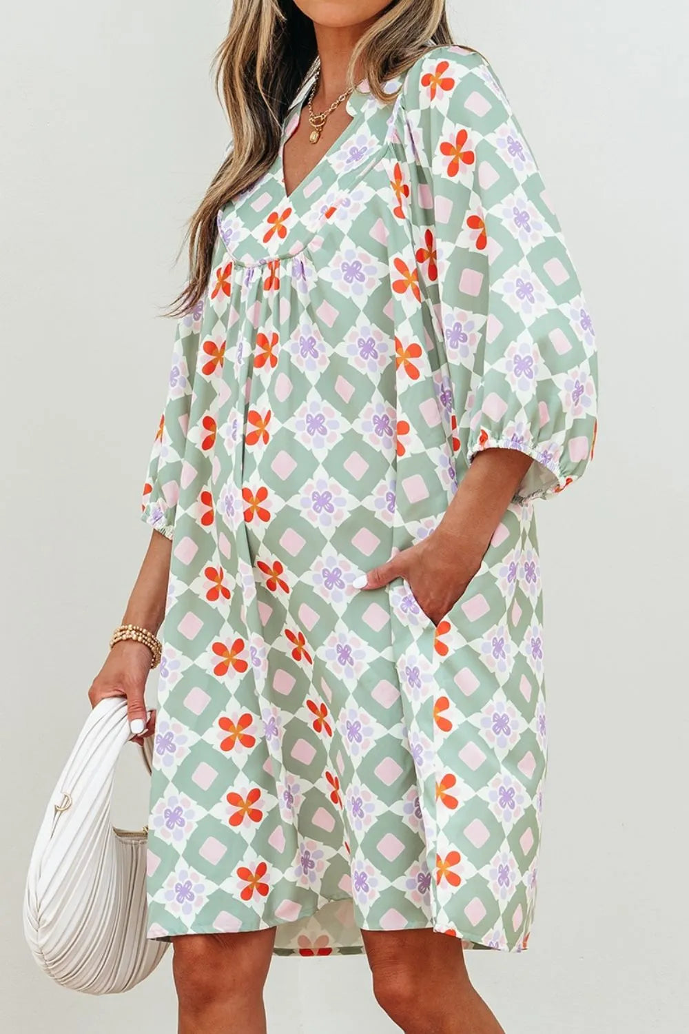 Printed Notched 3/4 Balloon Sleeves Loose Dress.