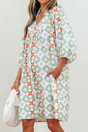 Printed Notched 3/4 Balloon Sleeves Loose Dress.