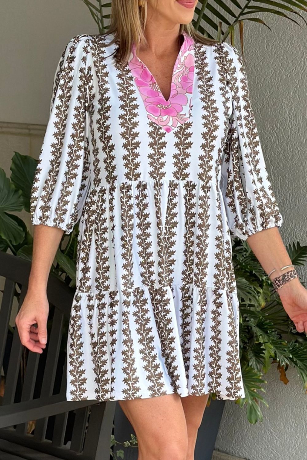 Printed Notched 3/4 Sleeve Mini Dress.