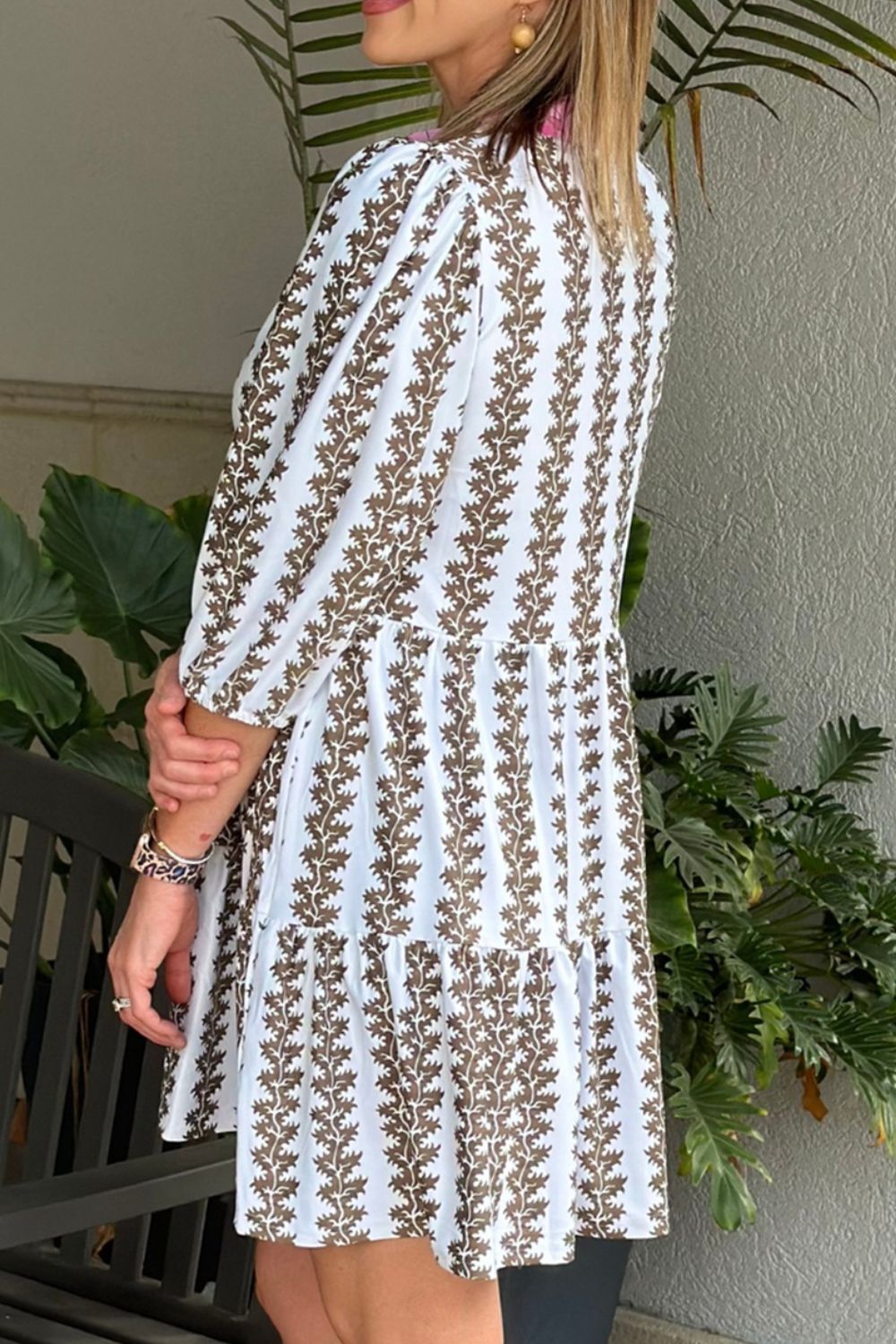 Printed Notched 3/4 Sleeve Mini Dress.