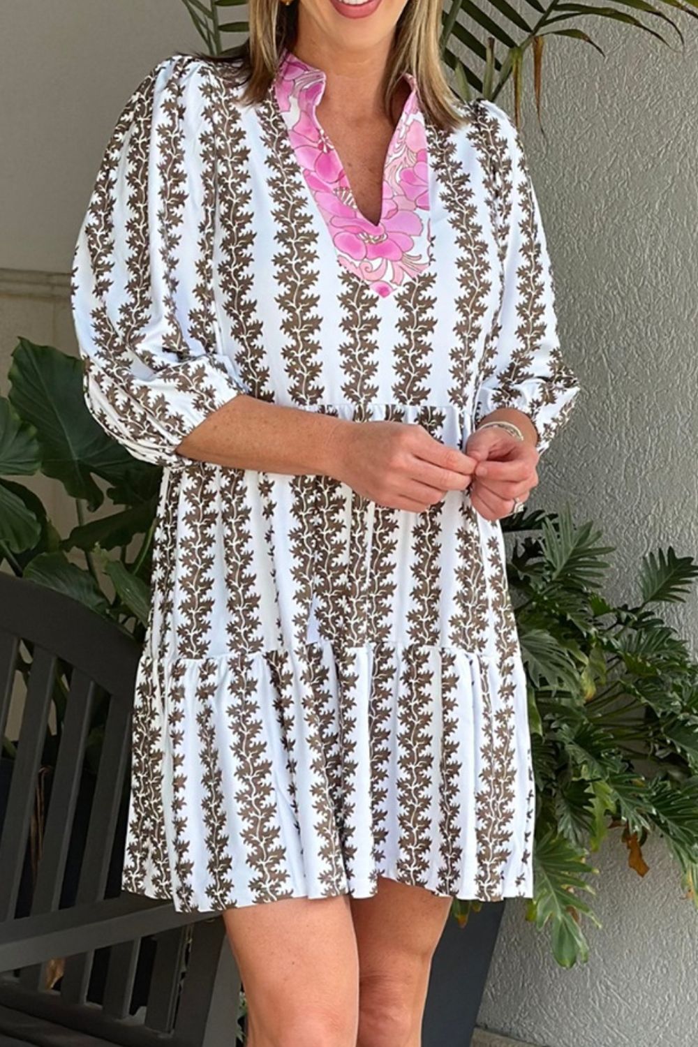 Printed Notched 3/4 Sleeve Mini Dress.