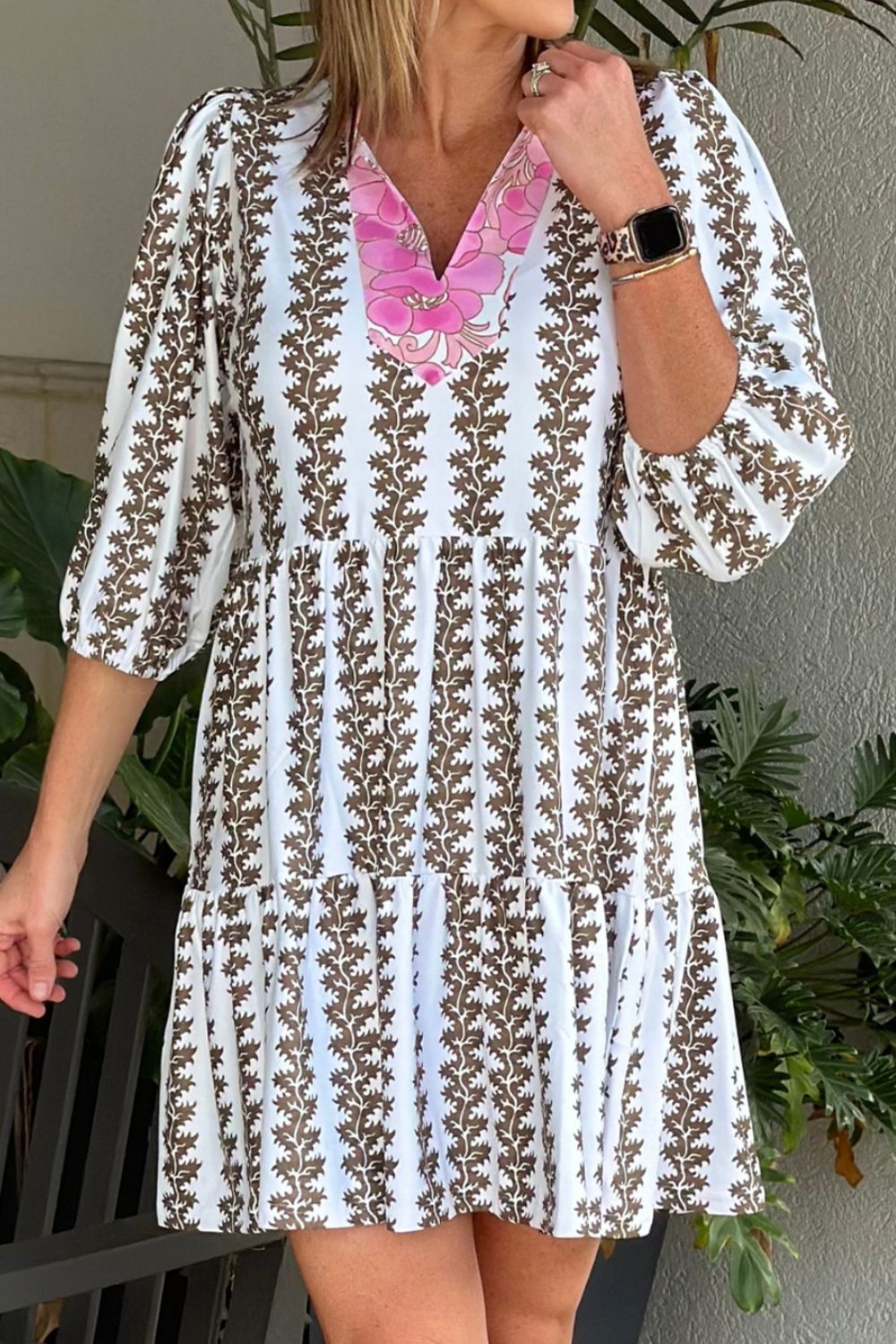 Printed Notched 3/4 Sleeve Mini Dress.