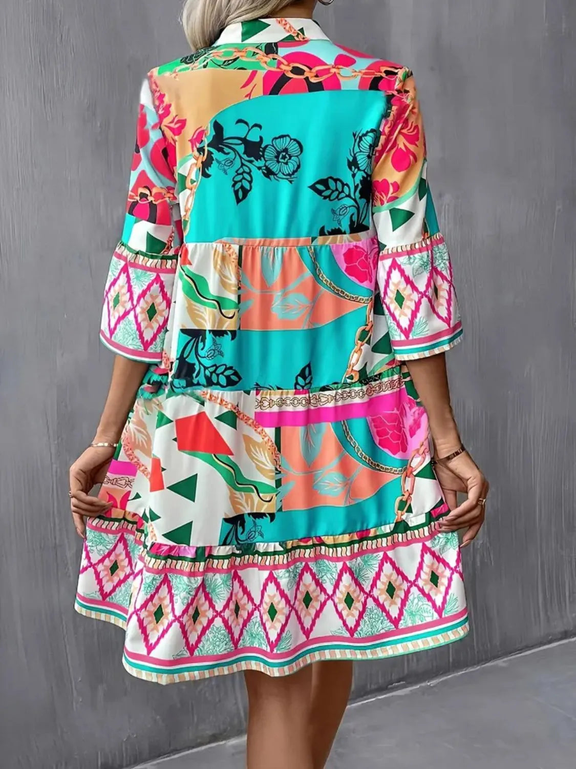 Printed Notched 3/4 Sleeve Tiered Dress.