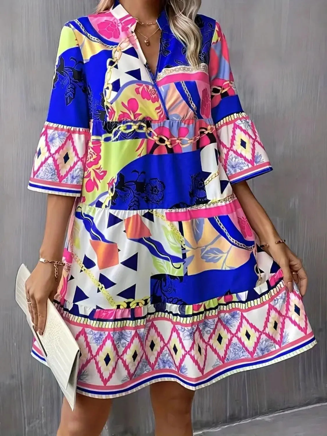 Printed Notched 3/4 Sleeve Tiered Dress.
