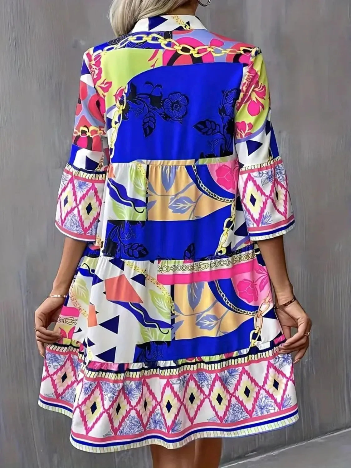 Printed Notched 3/4 Sleeve Tiered Dress.