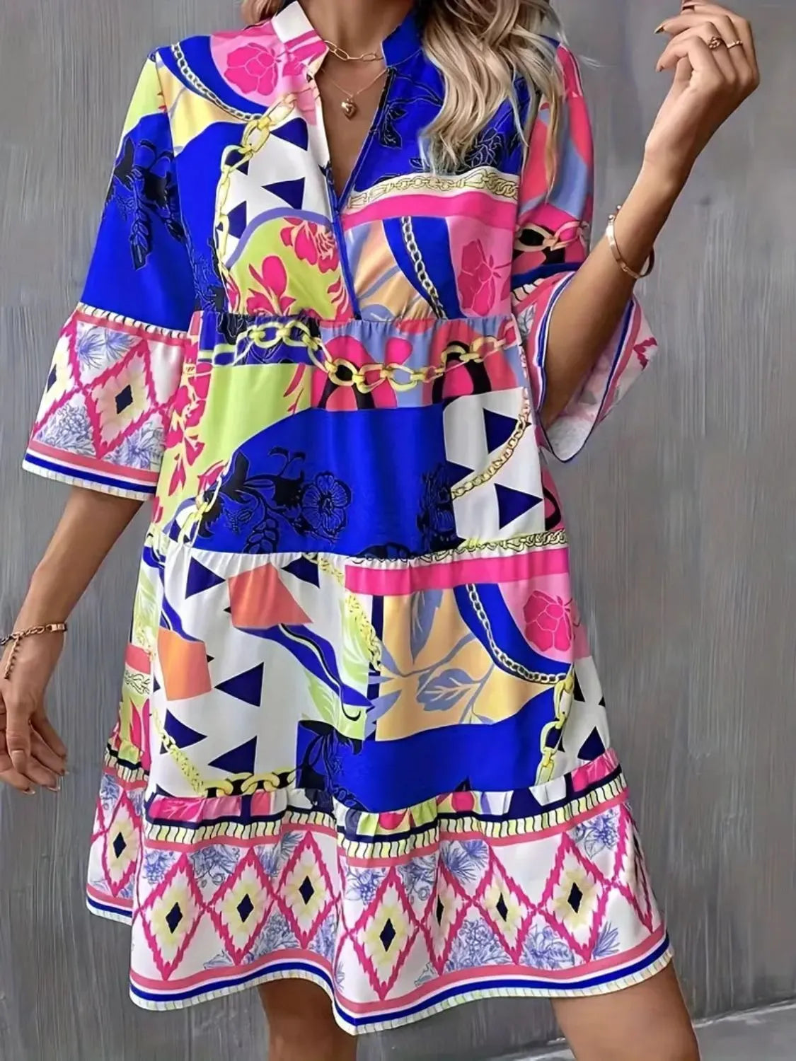 Printed Notched 3/4 Sleeve Tiered Dress.