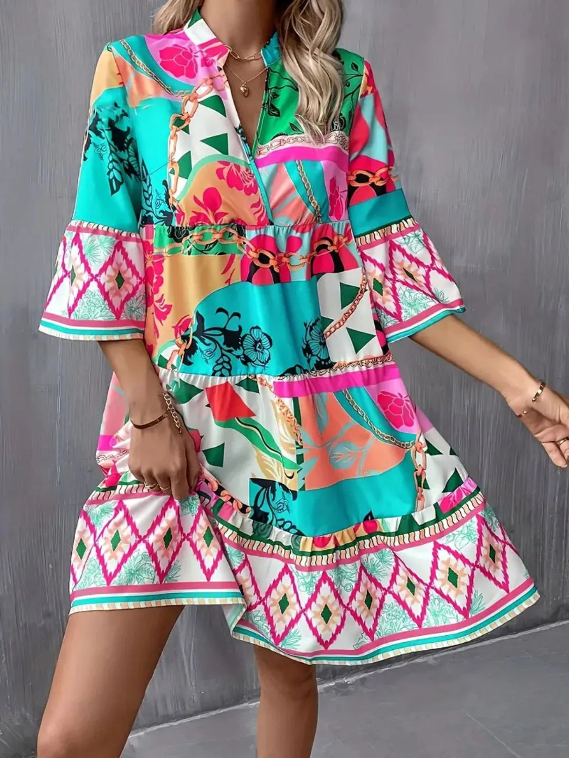 Printed Notched 3/4 Sleeve Tiered Dress.