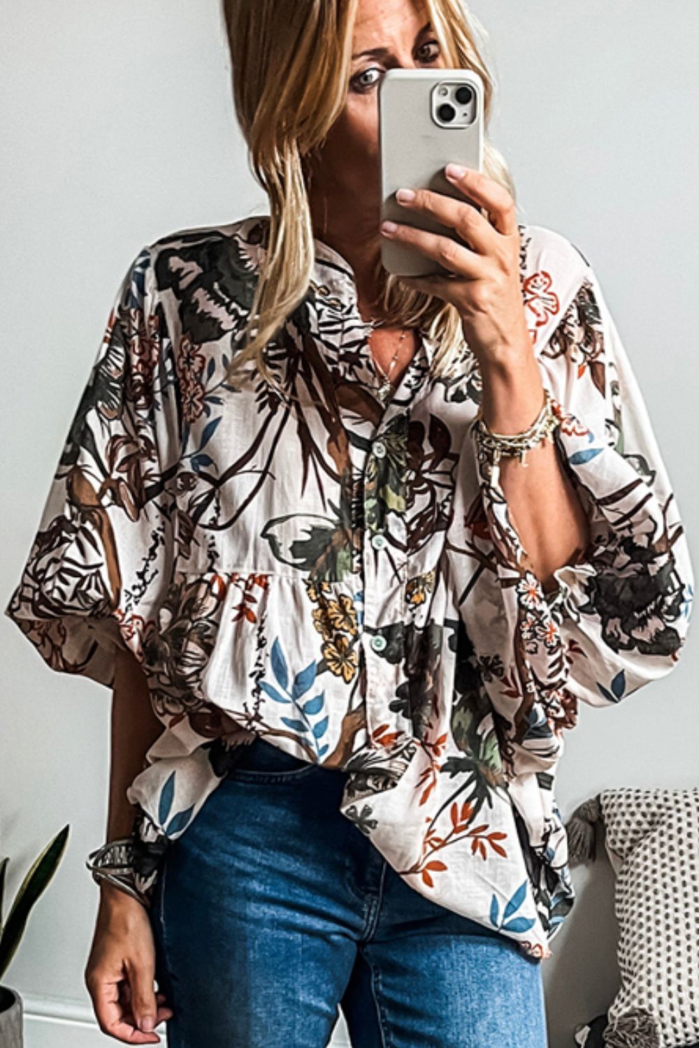 Printed Notched Flounce Sleeve Blouse.
