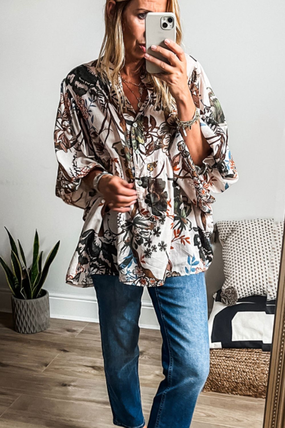 Printed Notched Flounce Sleeve Blouse.