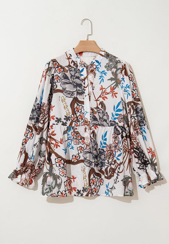 Printed Notched Flounce Sleeve Blouse.