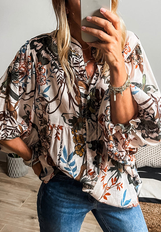 Printed Notched Flounce Sleeve Blouse.