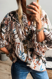 Printed Notched Flounce Sleeve Blouse.