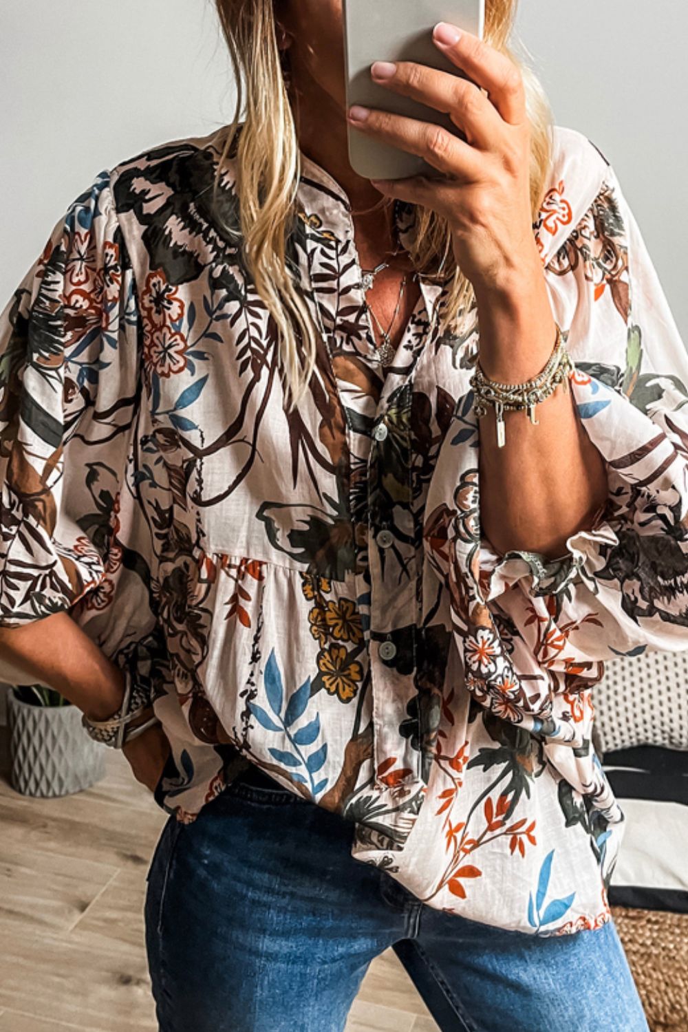 Printed Notched Flounce Sleeve Blouse.