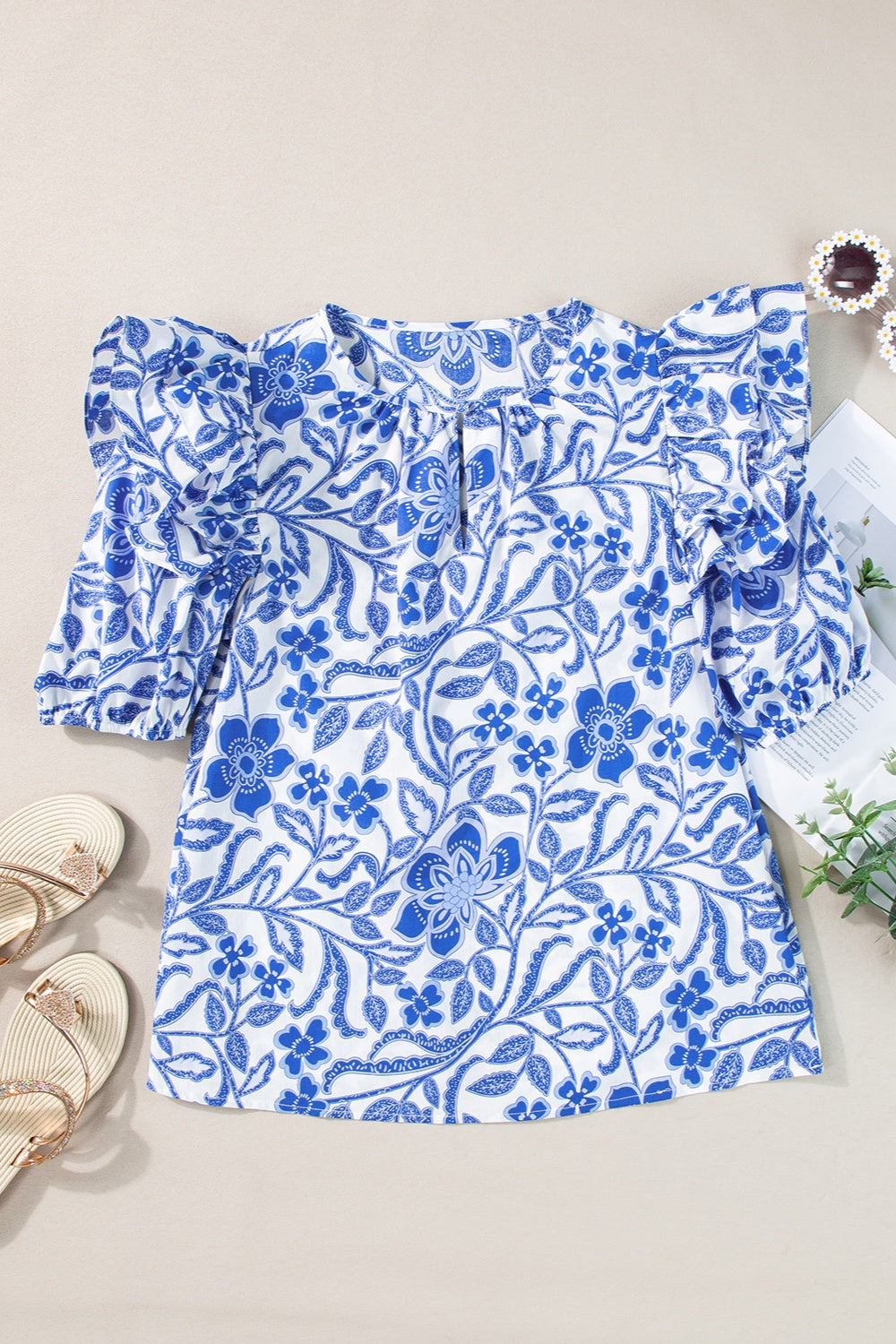 Printed Notched Half Sleeve Blouse with Ruffled.