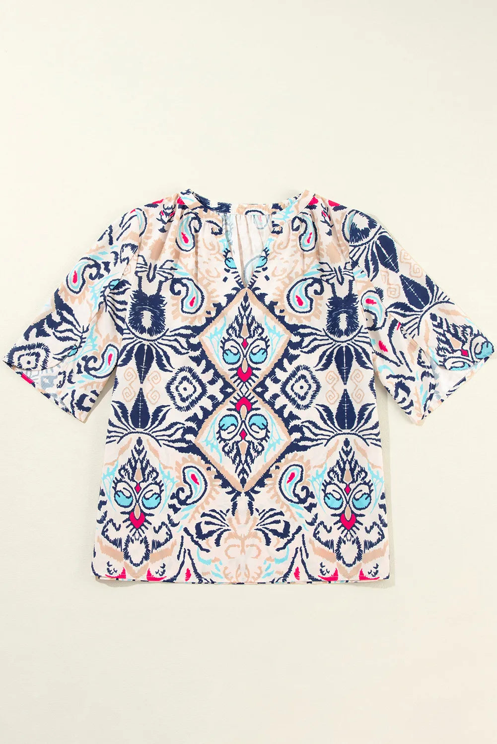 Printed Notched Half Sleeve Blouse.