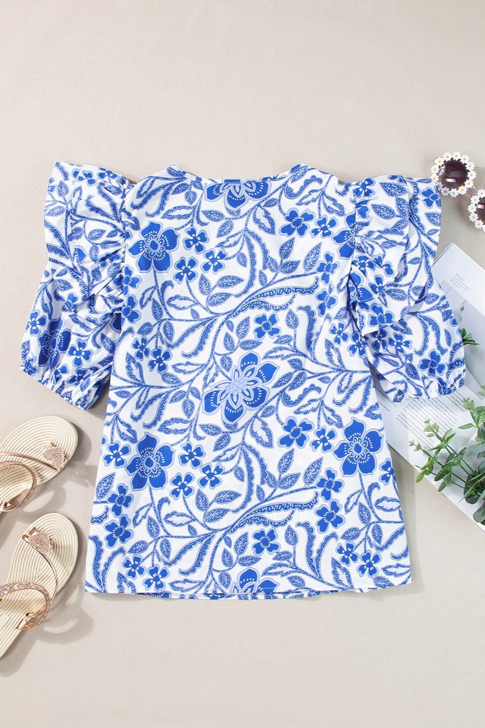 Printed Notched Half Sleeve Blouse with Ruffled.