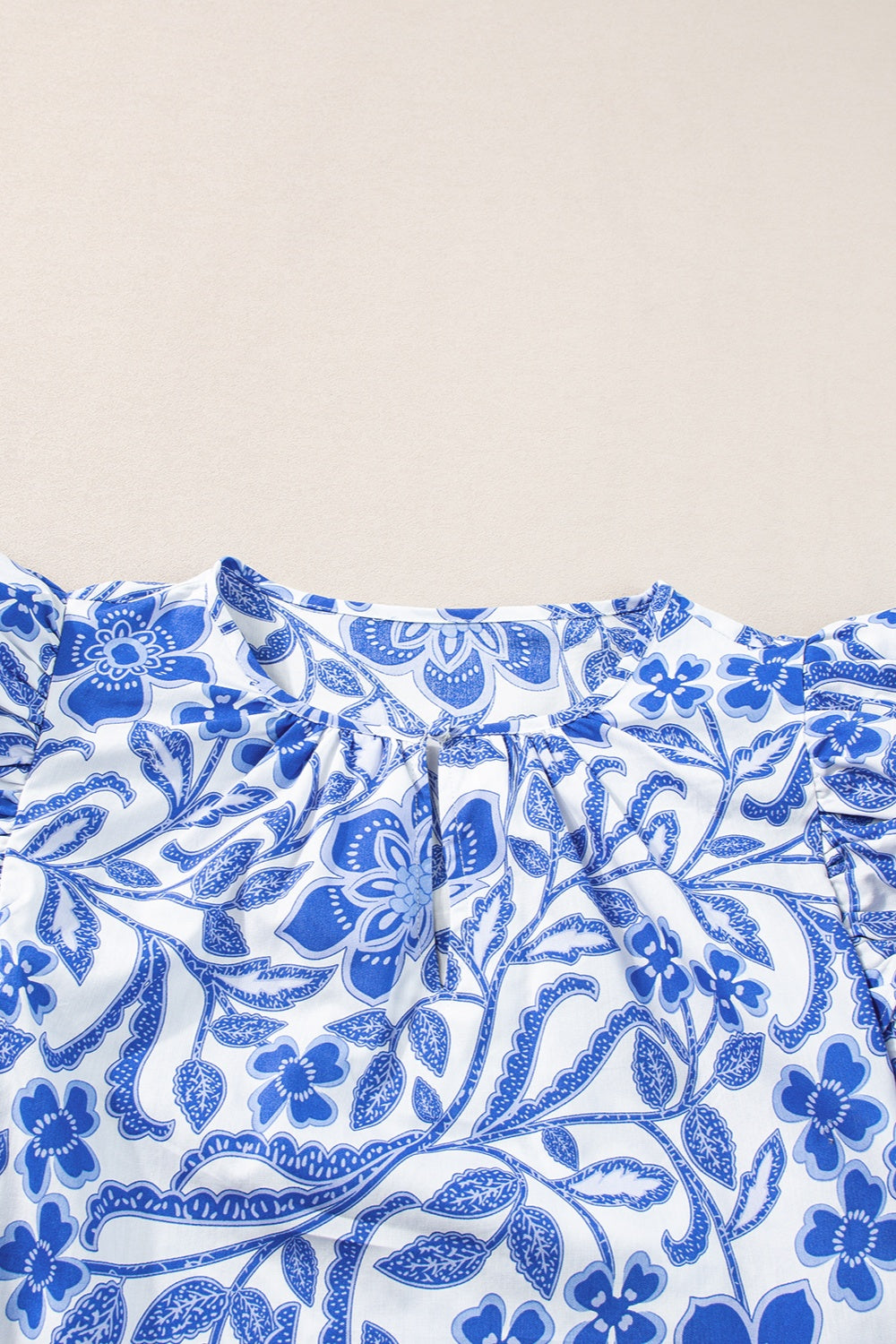 Printed Notched Half Sleeve Blouse with Ruffled.