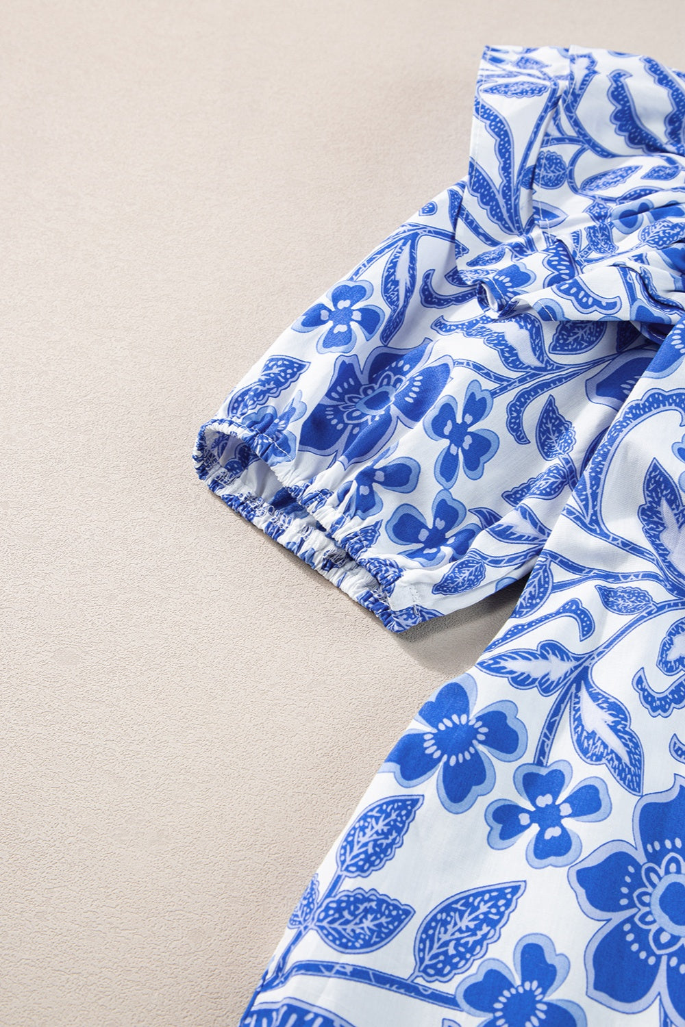 Printed Notched Half Sleeve Blouse with Ruffled.