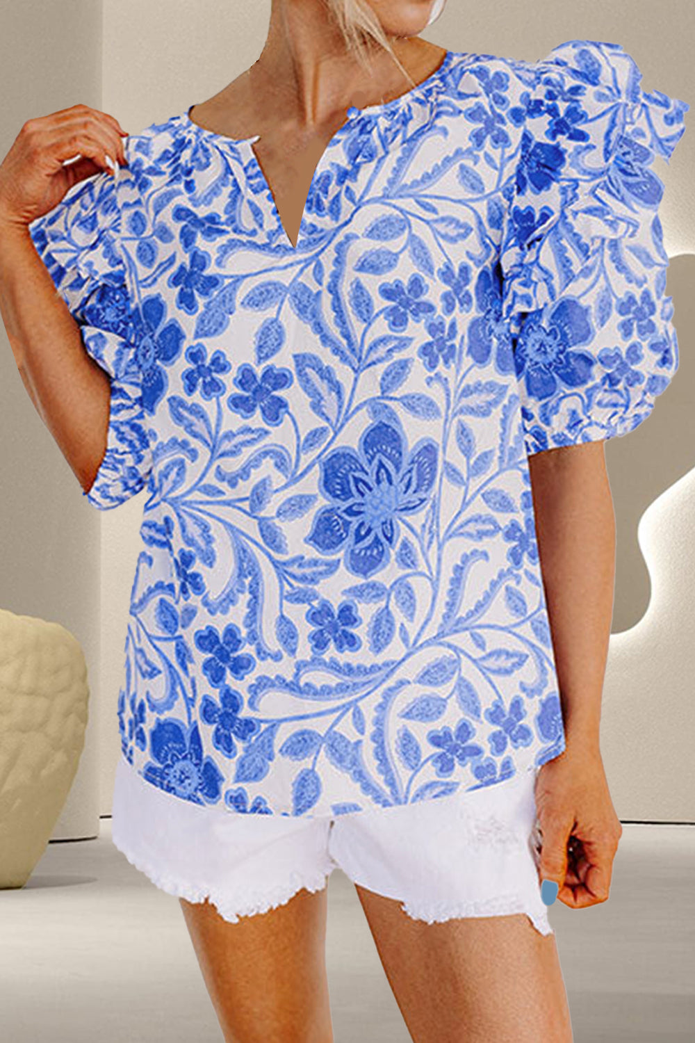 Printed Notched Half Sleeve Blouse with Ruffled.