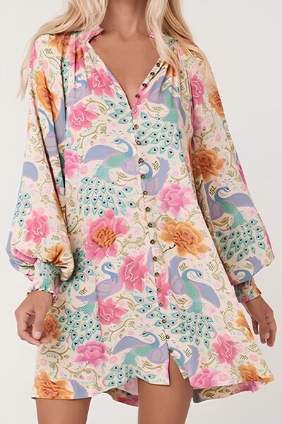 Printed Notched Lantern Sleeve Dress.
