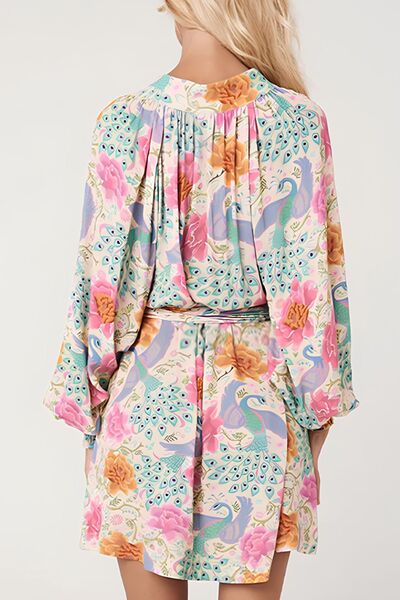 Printed Notched Lantern Sleeve Dress.