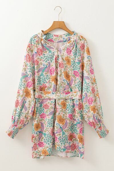 Printed Notched Lantern Sleeve Dress.
