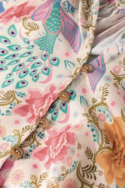 Printed Notched Lantern Sleeve Dress.