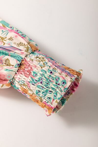 Printed Notched Lantern Sleeve Dress.