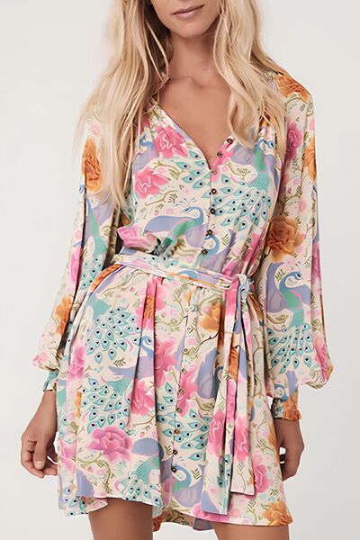 Printed Notched Lantern Sleeve Dress.