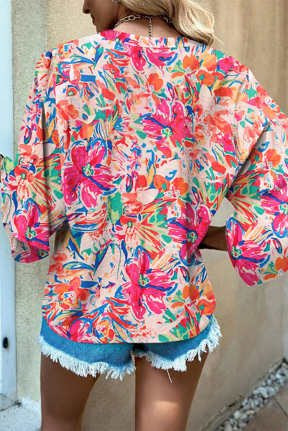 Printed Notched Long Sleeve Blouse.