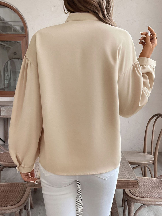 Perfee Printed Notched Long Sleeve Blouse.