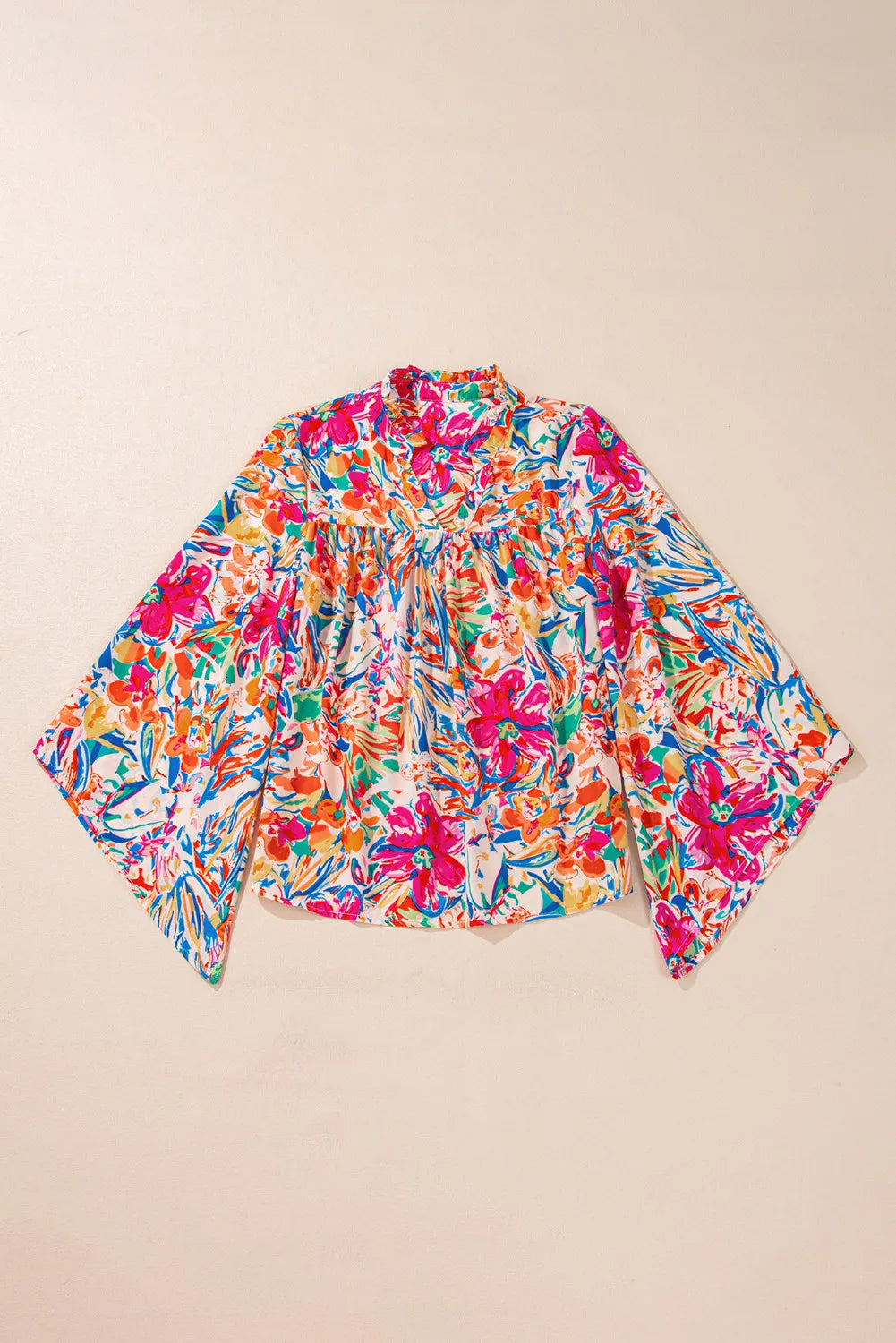 Printed Notched Long Sleeve Blouse.