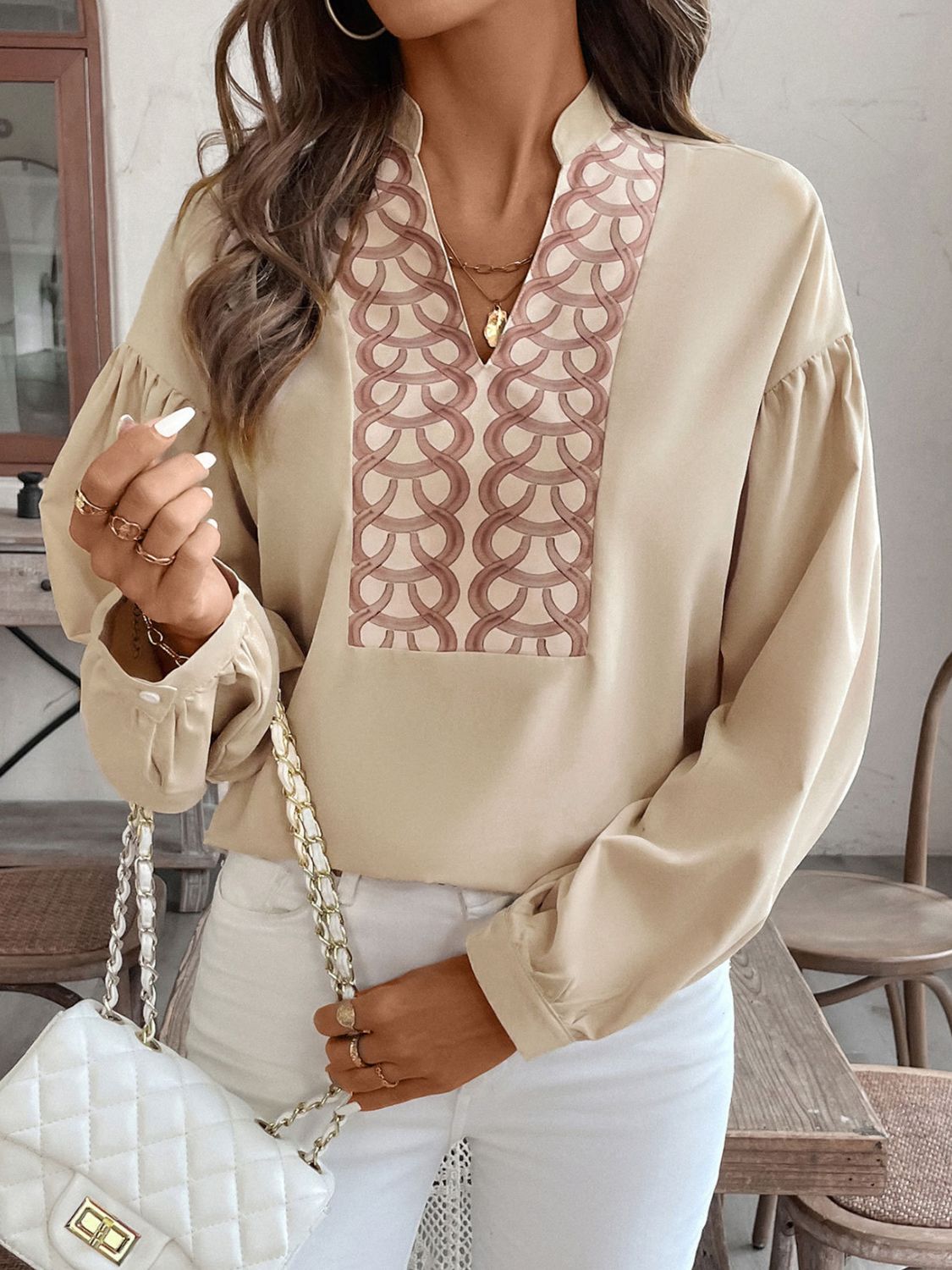 Perfee Printed Notched Long Sleeve Blouse.