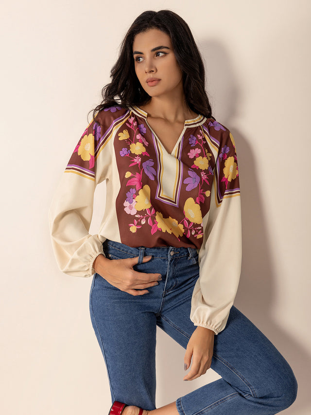Printed Notched Long Sleeve Blouse.