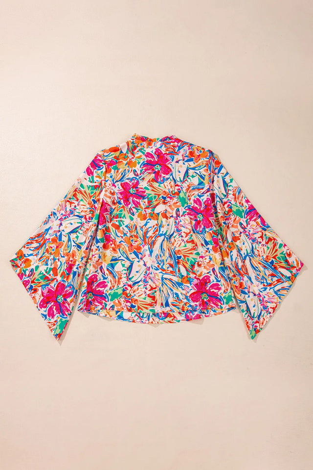 Printed Notched Long Sleeve Blouse.