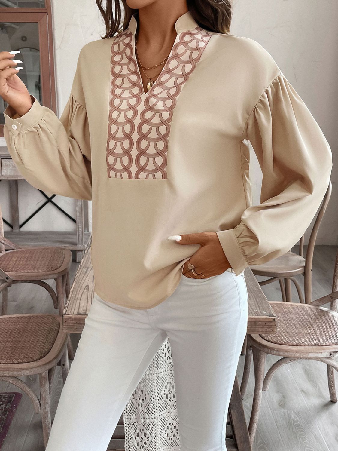 Perfee Printed Notched Long Sleeve Blouse.
