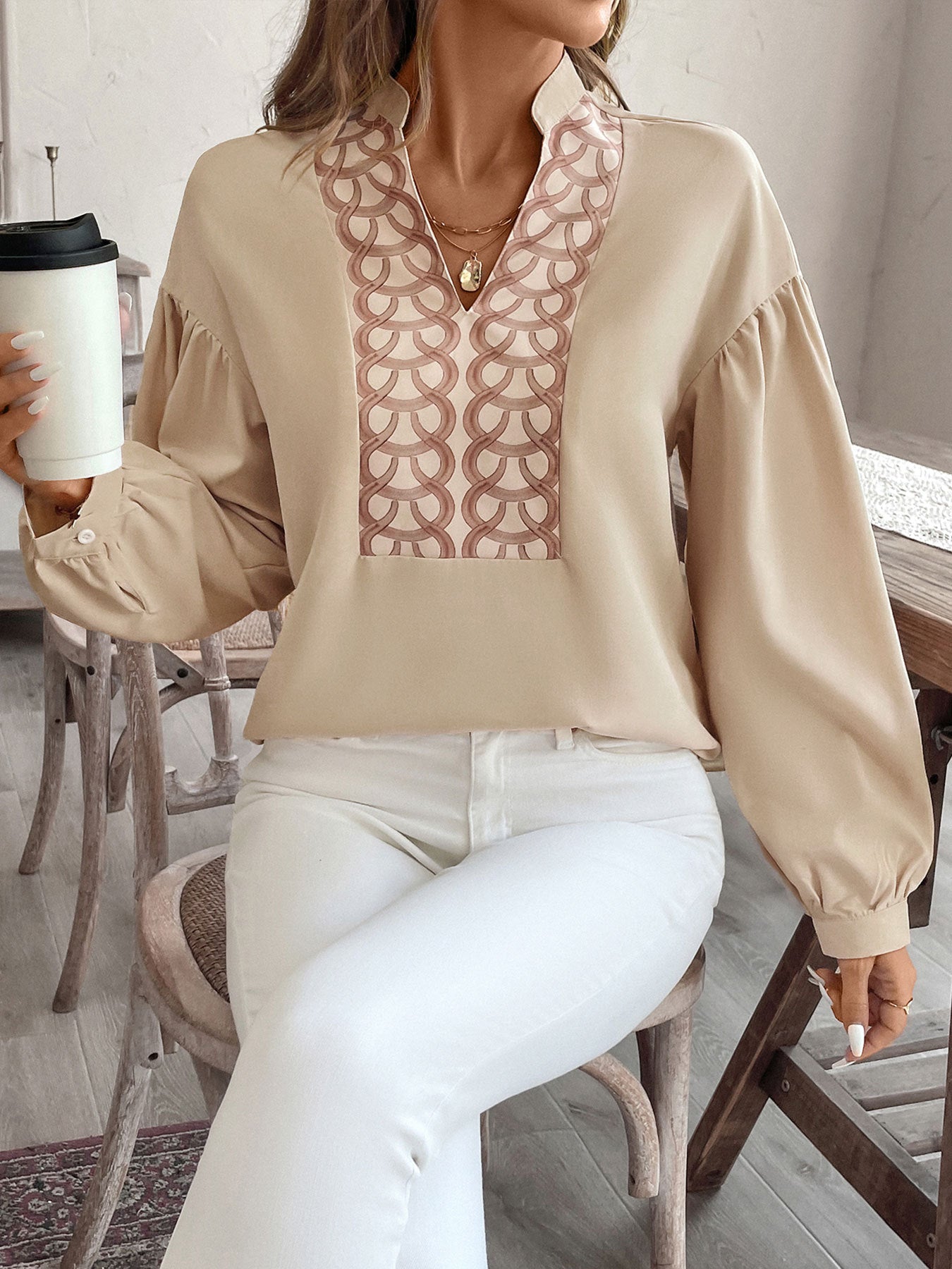 Perfee Printed Notched Long Sleeve Blouse.