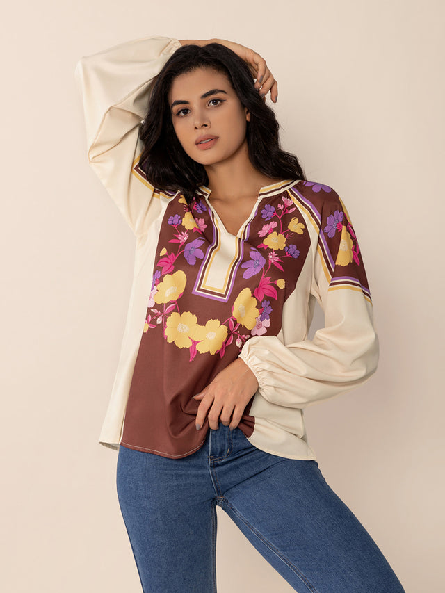 Printed Notched Long Sleeve Blouse.