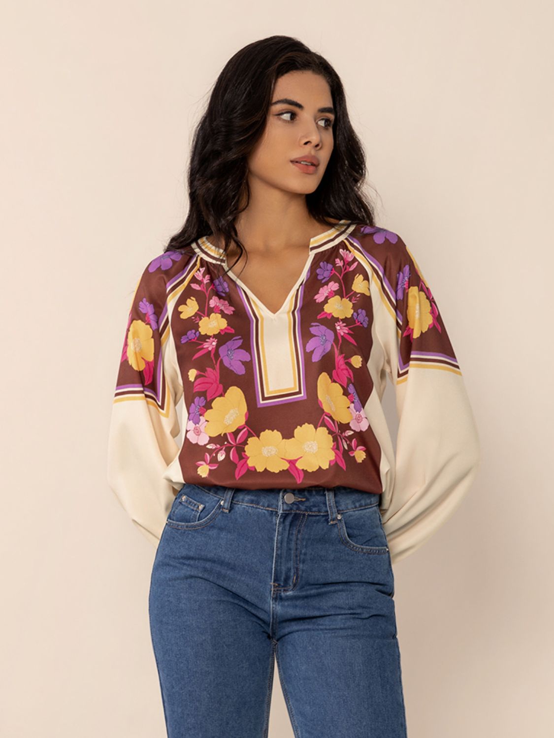 Printed Notched Long Sleeve Blouse.