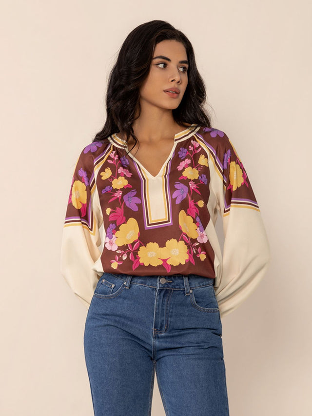 Printed Notched Long Sleeve Blouse.