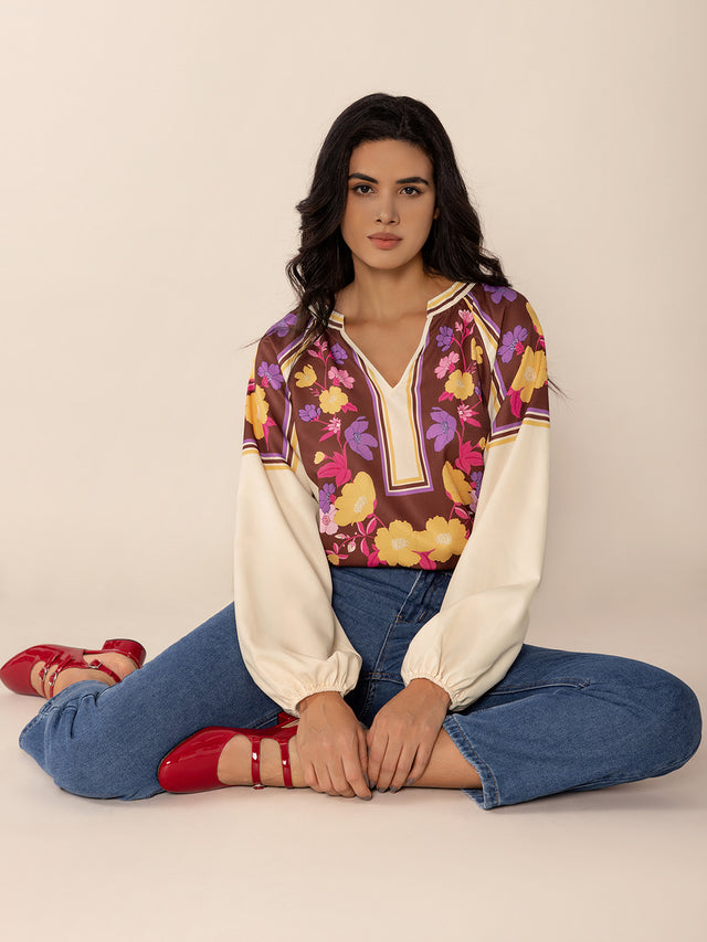 Printed Notched Long Sleeve Blouse.