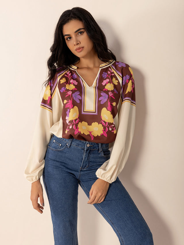 Printed Notched Long Sleeve Blouse.